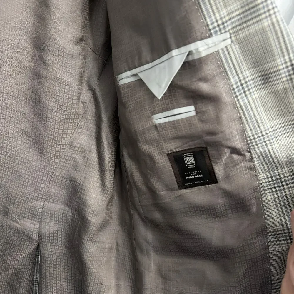 Hugo Boss Mens Blazer 42L Wool Gray Plaid Jacket Italy